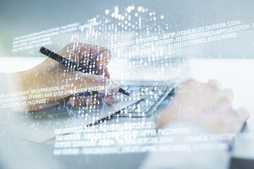 Poster - Creative code skull sketch and hand writing in notepad on background with laptop, theft of personal data and malware concept. Multiexposure