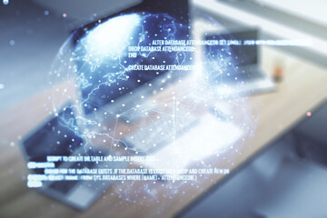 Poster - Multi exposure of abstract programming language hologram with world map and modern desk with computer on background, artificial intelligence and neural networks concept