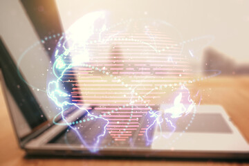 Leinwandbilder - Double exposure of abstract digital world map with connections on computer background, big data and blockchain concept