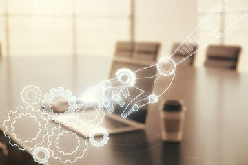 Aufkleber - Double exposure of robotics technology hologram on laptop background. Research and development software concept