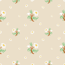 Beautiful White Floral Seamless Pattern On Brown Background.daisy,leaves And Branch Vector Illustration.cartoon Hand Drawn.design For Texture,fabric,clothing,wrapping,decoration,scrapbook,textile.