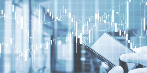 Sticker - Hand working on digital table. Oil price stock exchange trading up.