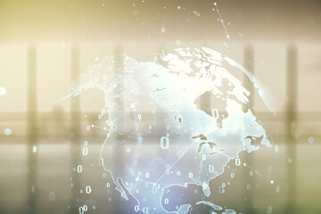 Aufkleber - Multi exposure of abstract graphic coding sketch and world map on modern interior background, big data and networking concept