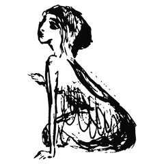 Young woman sitting on earth. Hand drawn linear doodle rough sketch. Black silhouette on white background.