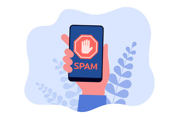 Poster - hand holding mobile phone with spam warning on screen. email app user receiving spam message flat ve