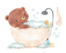 Bear Is Bathing In The Bathroom. Watercolor Illustration For Kids