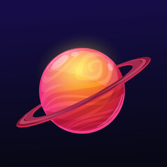 Poster - Red glossy space planet with long ring, vector fantasy galaxy universe and alien world cosmos. Space game ui or gui planet globe with orbit ring or asteroid belt on cosmic sky background