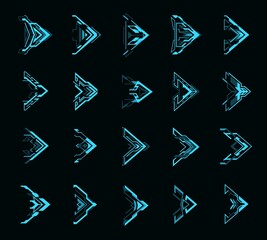 Poster - HUD futuristic cursors. Neon interface navigation buttons or arrows set. Digital interface vector neon arrow or game interface blue icon, virtual game user interface glowing button