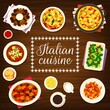 Italian cuisine menu cover template. Broccoli with garlic oil, soup Acquacotta and leftover lasagna, meat with wine sauce and Soffritto stew, Italian coffee, Mont Blanc dessert and omelette Frittata
