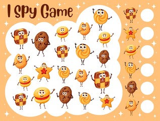 Poster - I spy game worksheet. Cartoon bakery and cookies characters. Child counting puzzle, children educational riddle objects searching and counting task or kids math quiz vector with dessert and pastry