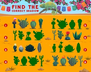 Poster - Find the correct shadow of mexican cactus succulents. Shadow compare educational game, children intelligence playing activity or riddle. Kids logical quiz, puzzle vector page with mexican flora cacti