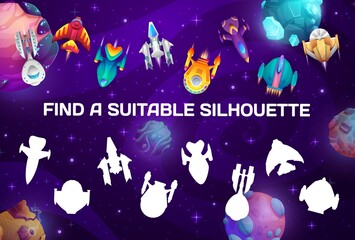Poster - Cartoon galaxy planets and spaceships. Find a suitable silhouette kids riddle, game or logical puzzle, quiz or preschool children playing activity worksheet with comparing task, fantastic starships