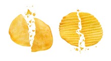 Cracked And Broken Potato Chips With Crumbs. Realistic Vector Crispy Snack Chips Pieces Separated On Two Parts. Isolated 3d Crushed Crunchy Junk Food, Delicious Vegetable Crisp Meal, Fast Food