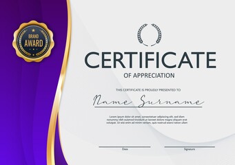 Fototapete - Award certificate of appreciation, diploma template with frame, border and golden seal. Vector blank mockup for graduation, achievement, education or business honor document with place for holder name