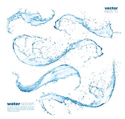 isolated blue water waves splash and flow shapes with drops. vector liquid transparent splashing flu