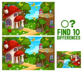Aufkleber - Fairy houses, homes and dwellings. Find ten differences kids game worksheet. Child educational riddle, quiz book vector page, find difference playing activity with mushroom, tree stump fantasy houses