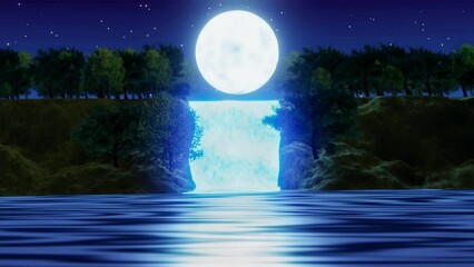 waterfall cliff. full moon night. blue tone. forest nature. mountains and waterfalls. glowing at nig