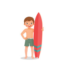 Sticker - cute little boy surfer holding surfboard waving hand on summer vacation