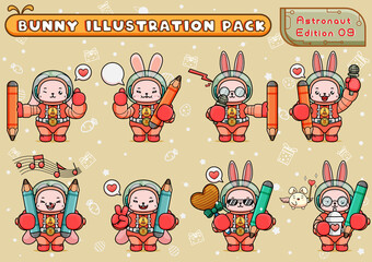 Wall Mural - set or pack illustration of cute mascot space bunny holding pencils and other things