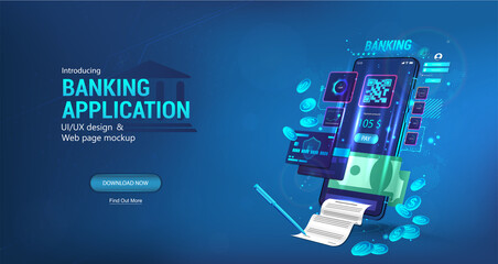 Aufkleber - Wallet, Online Banking App for payments, purchases and online transactions with a high level of protection. 3D Mobile Phone and documentation, debit, credit cards, cash, payment. Vector banking App