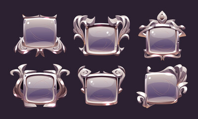 Poster - game level metallic ui badges, empty silver or steel square banners. isolated metal award frames or 