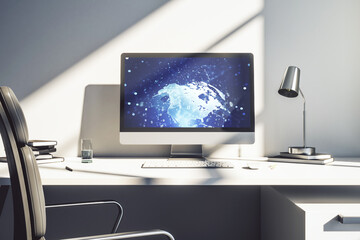 Aufkleber - Modern computer display with abstract software development hologram and world map, global research and analytics concept. 3D Rendering