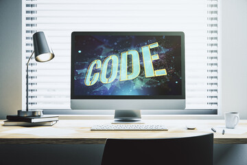 Poster - Creative Code word sign on modern computer monitor, international software development concept. 3D Rendering