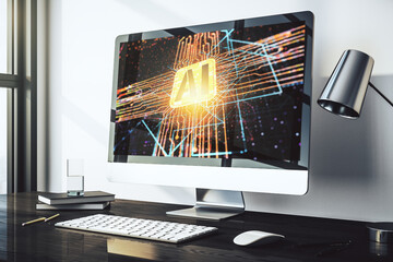 Leinwandbilder - Modern computer monitor with creative artificial Intelligence icon. Neural networks and machine learning concept. 3D Rendering