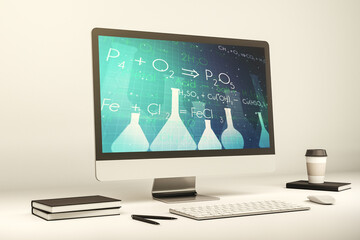 Creative chemistry illustration on modern computer monitor, science and research concept. 3D Rendering