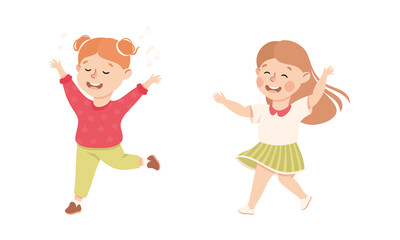 Sticker - Happy Little Girl Dancing to Music Moving Body and Having Fun Vector Set