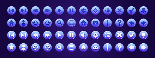 Poster - Blue circle buttons with symbols for website or game user interface. Vector cartoon set of app ui elements, web icons of search, play, mail, home, arrows, sound, check and cross mark