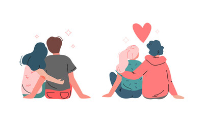 Sticker - Happy Romantic Couple Sitting and Embracing Back View Vector Illustration Set