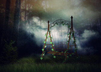 Canvas Print - Foggy forest and metal swing