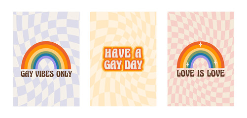 Wall Mural - Pride month poster with rainbow and LGBTQ phrases and slogans. Set of queer vertical cards on distorted checkerboard. Greeting cards with LGBT symbol in retro groovy 60s 70s style. Vector illustration