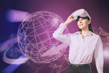 Poster - Portrait of attractive young european businesswoman smiling with VR glasses and metaverse mesh globe on blurry purple background. Future and augmented reality concept.