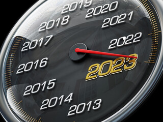 Speedometer needle pointing the year 2023. 3D illustration