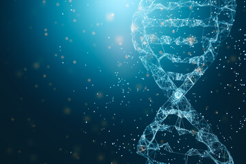 Fototapete - Biotechnology concept with digital human DNA structure on abstract blue water background. 3D rendering