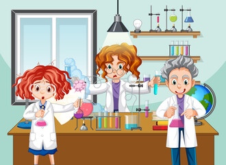 Wall Mural - classroom scene with scientist doing experiment