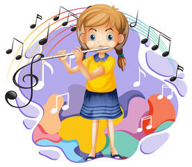 Sticker - A girl playing flute and music melody symbols