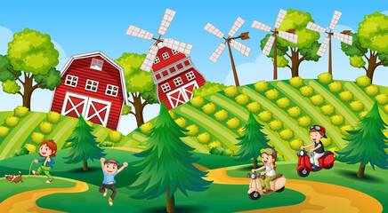 Wall Mural - Happy kids in farm landscape