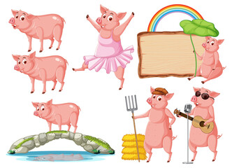 Sticker - Set of different farm pigs in cartoon style