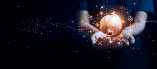 Fototapete - Businessman holding global structure networking and data exchanges connection, Customer network, Digital marketing, Social Media, Communication network, Internet business and social network.