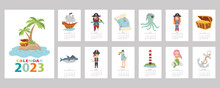 Calendar 2023. Children's Colorful Calendar With A Pirate Design. Pirate, Treasure Island, Shark, Octopus, Seagull, Mermaid, Ship And Lighthouse.