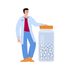 Wall Mural - Doctor with big abstract bottle of pills, flat vector illustration isolated on white background.