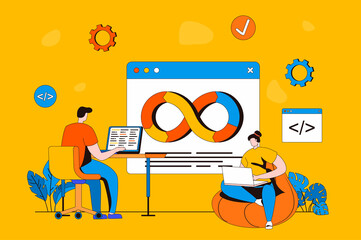 Poster - DevOps web concept in flat 2d design. Man and woman developers work together in team, administer development and collaboration processes on programming products. Vector illustration with people scene