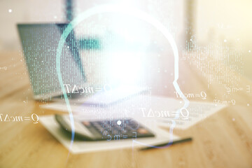 Aufkleber - Abstract virtual artificial Intelligence concept with human head sketch on blurry calculator and computer background. Double exposure