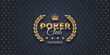 Banner with poker club tournament emblem. Poker club logo with golden crown and laurel wreath on black background. Vector illustration.