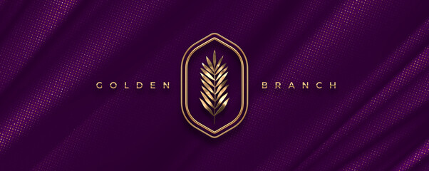 Golden palm branch logo on purple background. 
Luxury banner concept. Vector illustration.