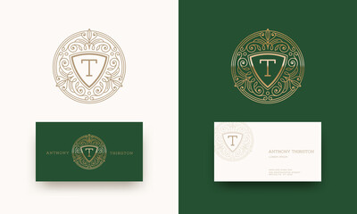 Luxury logo with monogram and business card template.  Identity design  for cafe, shop, store, restaurant, boutique, hotel, heraldry, fashion and etc.