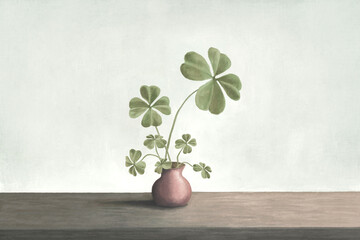 Illustration of a vase full of four leaf clovers, surreal luck concept